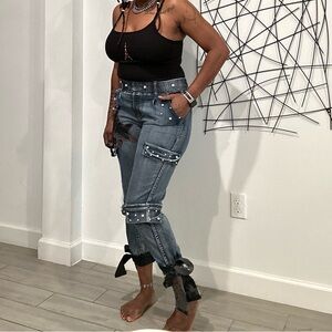 Custom Stylish denim pearl Women's Jeans with Bow Accents